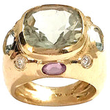 Bonheur Ring, Pink Topaz and Peridot and Diamond Yellow Gold Domed Ring