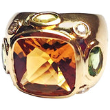 Bonheur Ring, Pink Topaz and Peridot and Diamond Yellow Gold Domed Ring