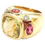 Bonheur Ring, Pink Topaz and Peridot and Diamond Yellow Gold Domed Ring