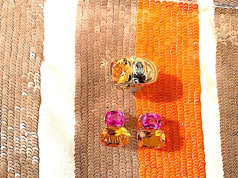 Yellow Gold Double Cushion Earrings with Rock Crystal and Smoky Topaz