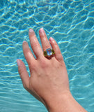 Bonheur Ring, Pink Topaz and Peridot and Diamond Yellow Gold Domed Ring