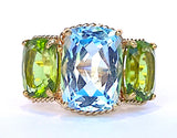 Amethyst and Peridot Yellow Gold Three-Stone Cushion Ring