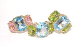 Elegant Three-Stone Ring with Gold Rope Twist Border with Blue Topaz and Pink Topaz