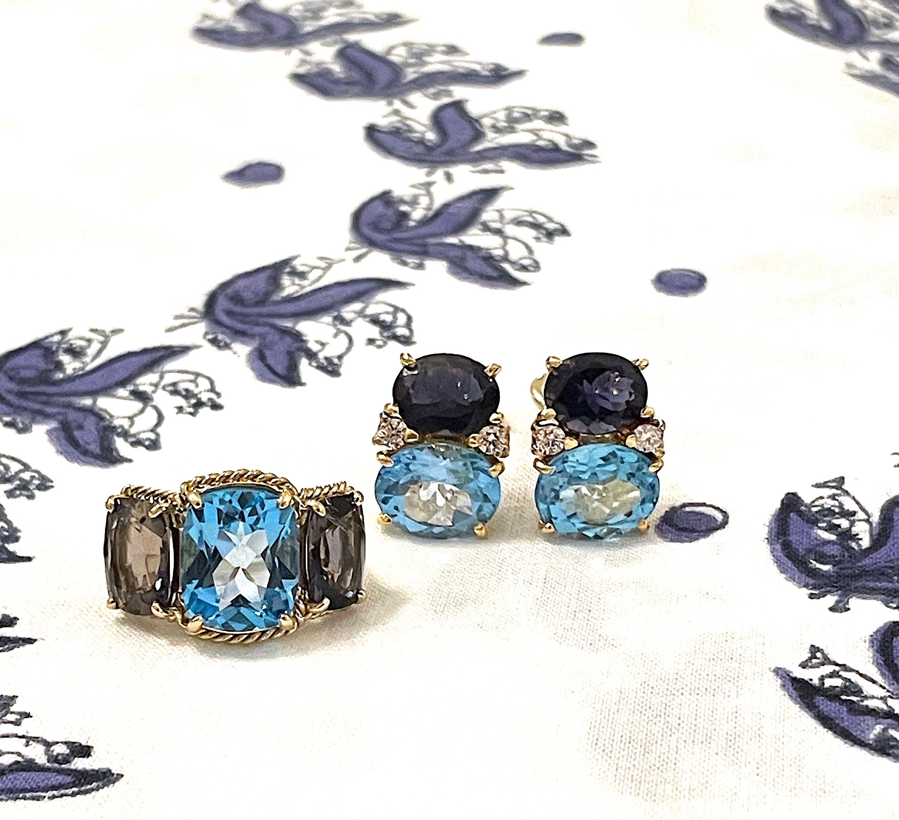 Large Two Stone Cushion Cut Earring with Rock Crystal and Blue Topaz