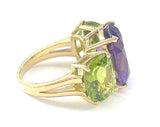 Amethyst and Peridot Yellow Gold Three-Stone Cushion Ring