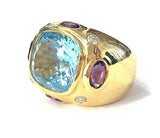 Bonheur Ring, Pink Topaz and Peridot and Diamond Yellow Gold Domed Ring