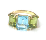 18kt Yellow Gold Mini Emerald Cut Ring with Blue Topaz and Peridot