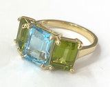 18kt Yellow Gold Mini Emerald Cut Ring with Blue Topaz and Peridot