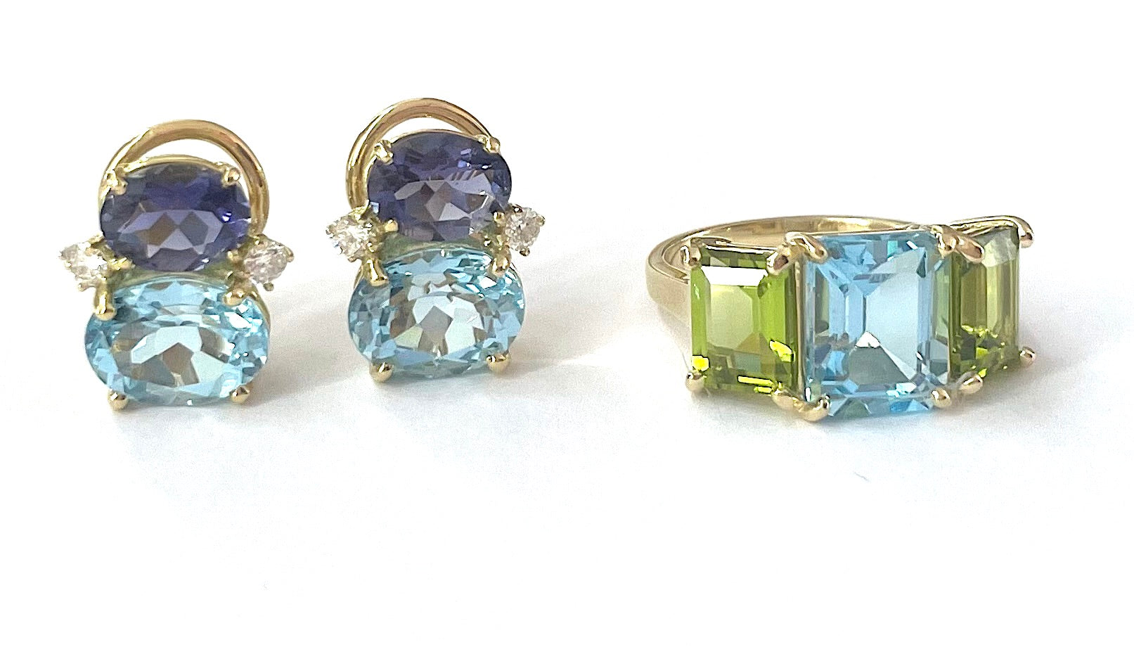 Small GUM DROP™ Ring with Bright Pink Topaz and Blue Topaz and Diamonds