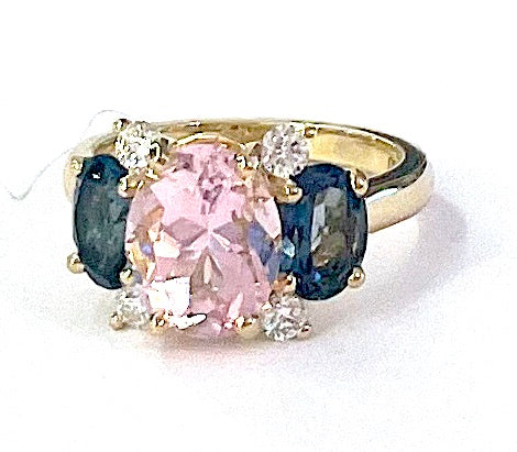 Small GUM DROP™ Ring with Bright Pink Topaz and Blue Topaz and Diamonds