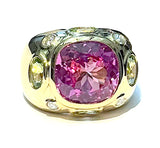 Bonheur Ring, Pink Topaz and Peridot and Diamond Yellow Gold Domed Ring