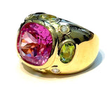 Bonheur Ring, Pink Topaz and Peridot and Diamond Yellow Gold Domed Ring