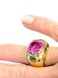 Bonheur Ring, Pink Topaz and Peridot and Diamond Yellow Gold Domed Ring