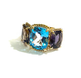 18kt Yellow Gold Blue Topaz and Rock Crystal Three Stone Ring with Rope Twist Border