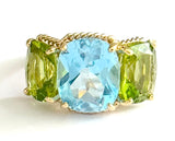 Mini Blue Topaz and Peridot Three Stone Ring with Rope Twist Border