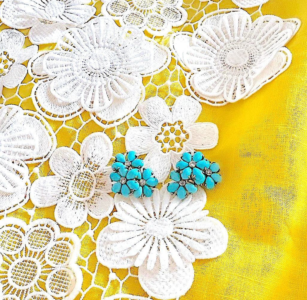 Rubelite Turquoise Gold Flower Earrings