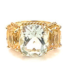 Amethyst and Peridot Yellow Gold Three-Stone Cushion Ring