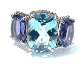 18kt Yellow Gold Blue Topaz and Rock Crystal Three Stone Ring with Rope Twist Border