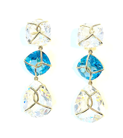 Rock Crystal and Blue Topaz Gold Wrapped Drop Earrings