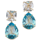 Rock Crystal and Blue Topaz Gold Wrapped Drop Earrings