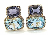 18kt Yellow Gold Blue Topaz and Rock Crystal Three Stone Ring with Rope Twist Border