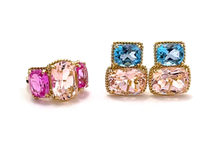 Yellow Gold Double Cushion Earrings with Rock Crystal and Smoky Topaz