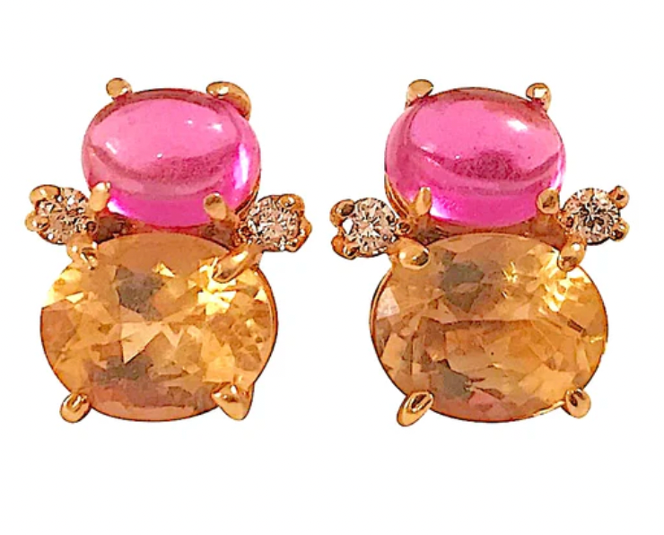 Yellow Gold Double Cushion Earrings with Rock Crystal and Smoky Topaz