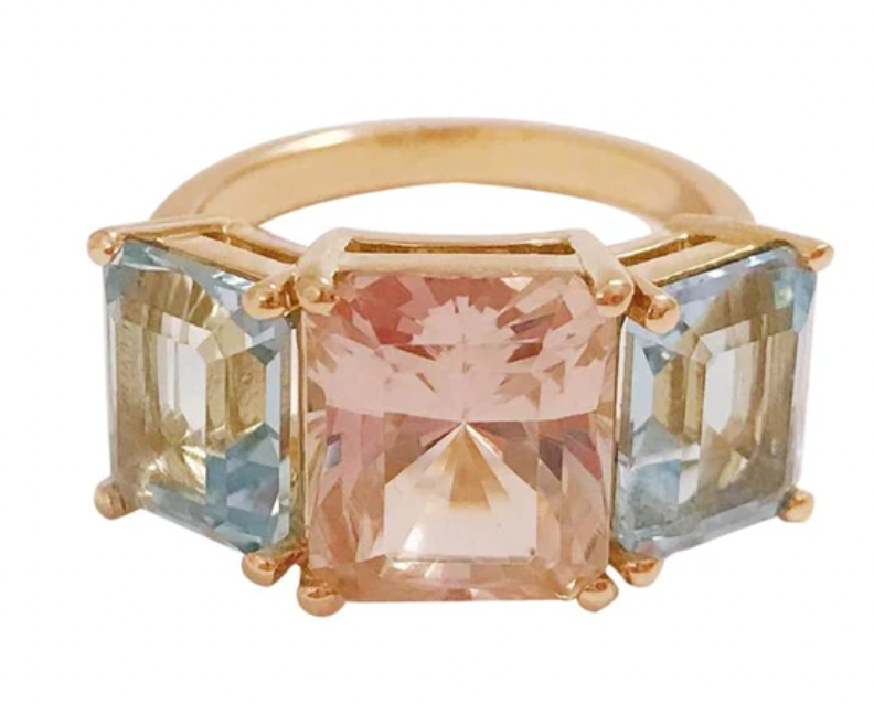 18kt Yellow Gold Mini Emerald Cut Ring with Orange Citrine and Blue Topaz