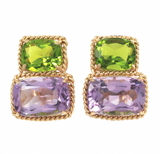 Amethyst and Peridot Yellow Gold Three-Stone Cushion Ring