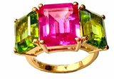 Bonheur Ring, Pink Topaz and Peridot and Diamond Yellow Gold Domed Ring