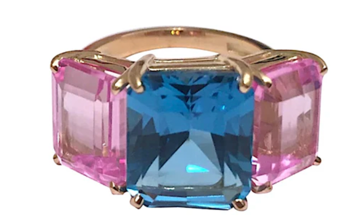 Bonheur Ring, Pink Topaz and Peridot and Diamond Yellow Gold Domed Ring