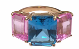 Bonheur Ring, Pink Topaz and Peridot and Diamond Yellow Gold Domed Ring