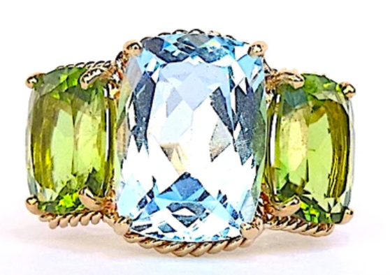 Bonheur Ring, Pink Topaz and Peridot and Diamond Yellow Gold Domed Ring
