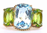 Bonheur Ring, Pink Topaz and Peridot and Diamond Yellow Gold Domed Ring