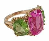 Bonheur Ring, Pink Topaz and Peridot and Diamond Yellow Gold Domed Ring