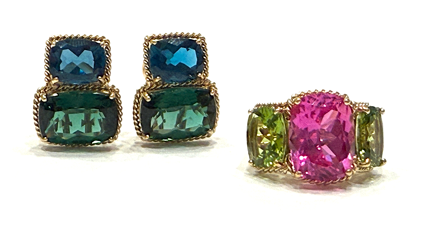 18kt Yellow Gold Cushion Cut Earring with Rope Twist Border with Blue Topaz and Green Quartz