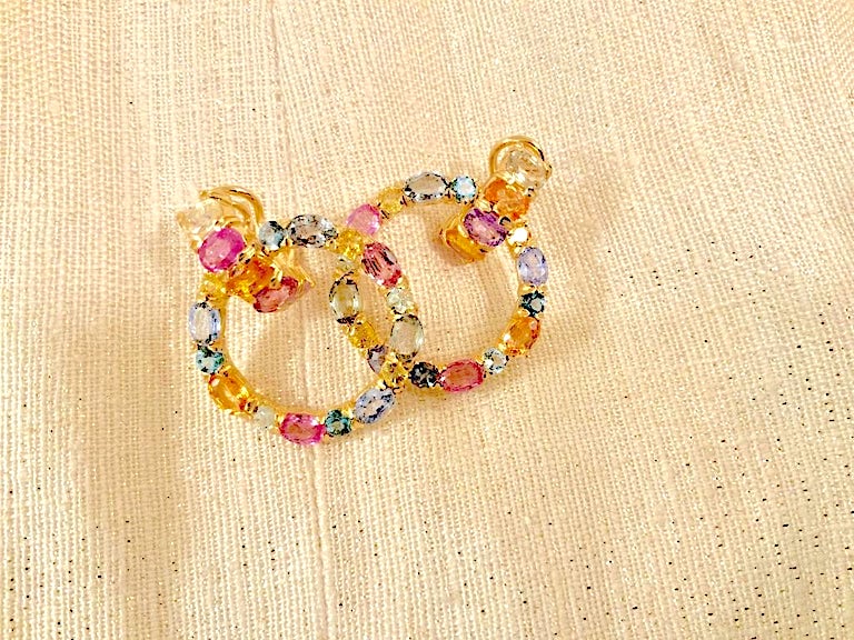 18 Karat Yellow Gold Multi-Color Sapphire Hoop Drop Earring