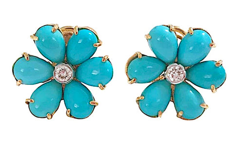 Turquoise Flower Stud Earrings with Diamond Center