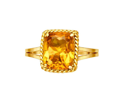 Elegant Single Stone Citrine Ring with Gold Rope Twist Border