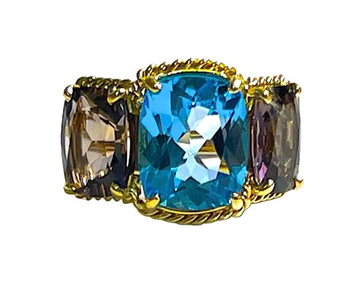 Elegant Three-Stone Ring with Gold Rope Twist Border with Blue Topaz and Pink Topaz