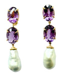 Elegant Three-Stone Drop Earring with Oval Amethyst and Baroque Pearl