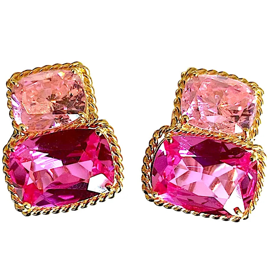 Yellow Gold Double Cushion Earrings with Rock Crystal and Smoky Topaz