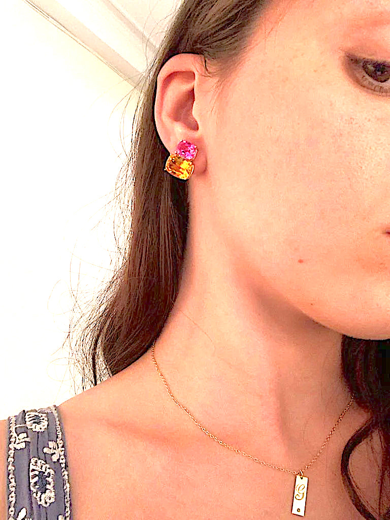 Yellow Gold Double Cushion Earrings with Rock Crystal and Smoky Topaz