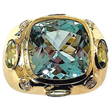 Bonheur Ring, Pink Topaz and Peridot and Diamond Yellow Gold Domed Ring