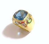 Bonheur Ring, Pink Topaz and Peridot and Diamond Yellow Gold Domed Ring