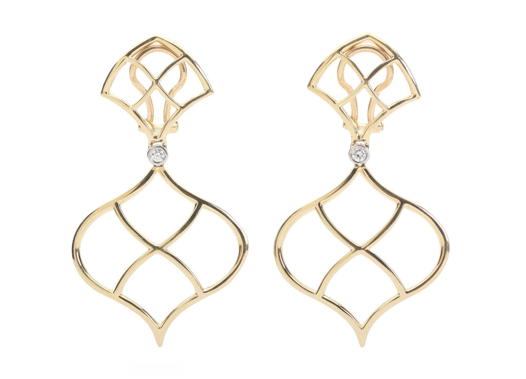 Large 18kt Yellow Gold Abalone Cushion and pear shaped Drop Earrings with Twisted Gold Detail