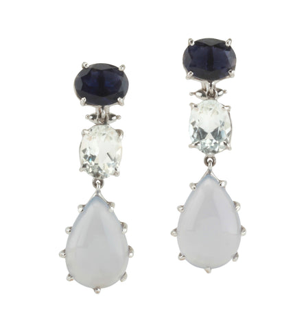 18kt White Gold Three Stone Drop Earring with Iolite, Rock Crystal, and Chalcedony