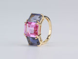 Yellow Gold Emerald Cut Ring with Pink Topaz and Iolite