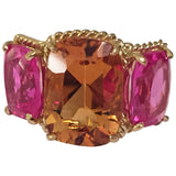 Citrine pink topaz gold Three Stone Ring with Rope Twist Border