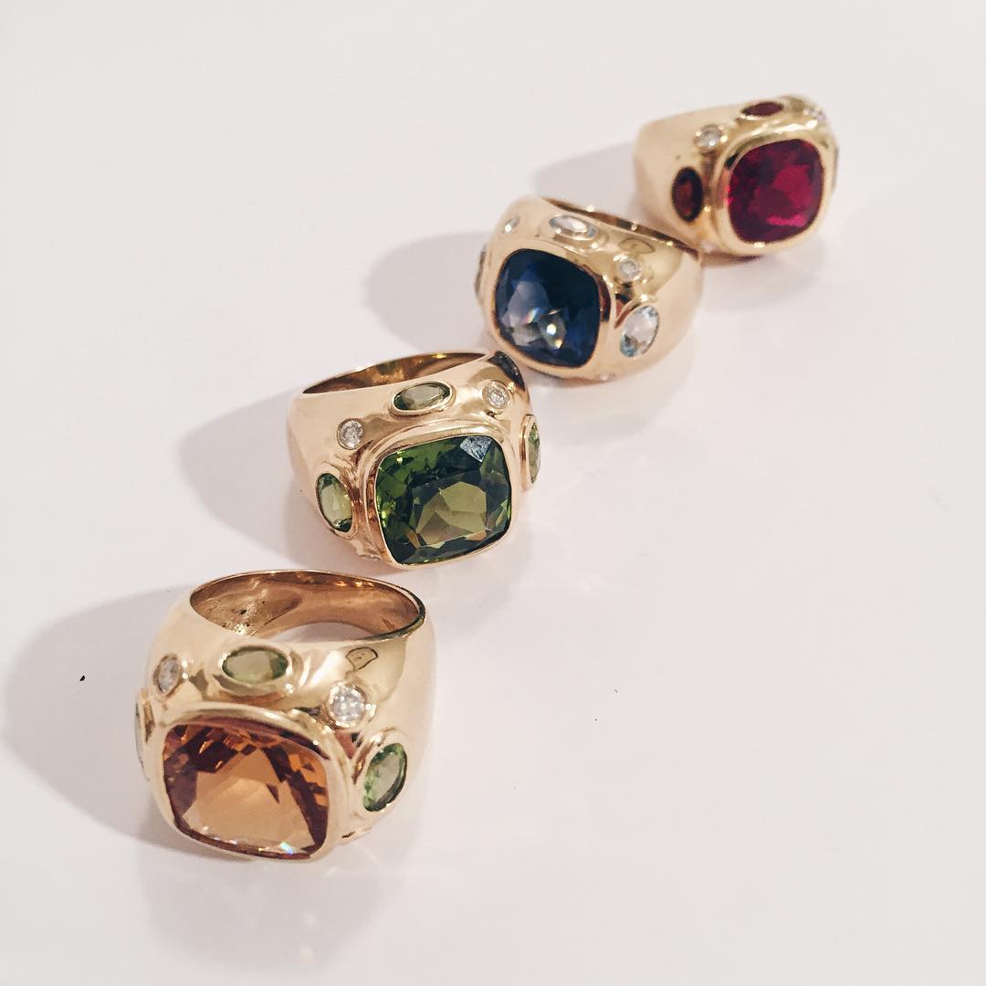 Bonheur Ring, Blue Topaz and Pink Topaz and Diamond Yellow Gold Domed Ring